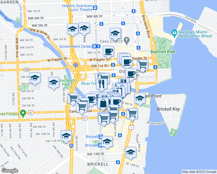 map of restaurants, bars, coffee shops, grocery stores, and more near 24 Southwest 4th Street in Miami