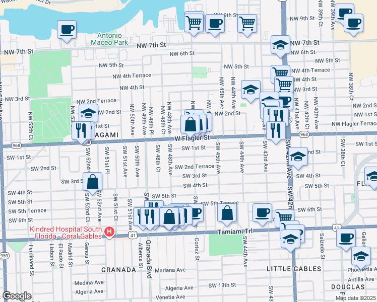 map of restaurants, bars, coffee shops, grocery stores, and more near 4716 Southwest 1st Street in Coral Gables