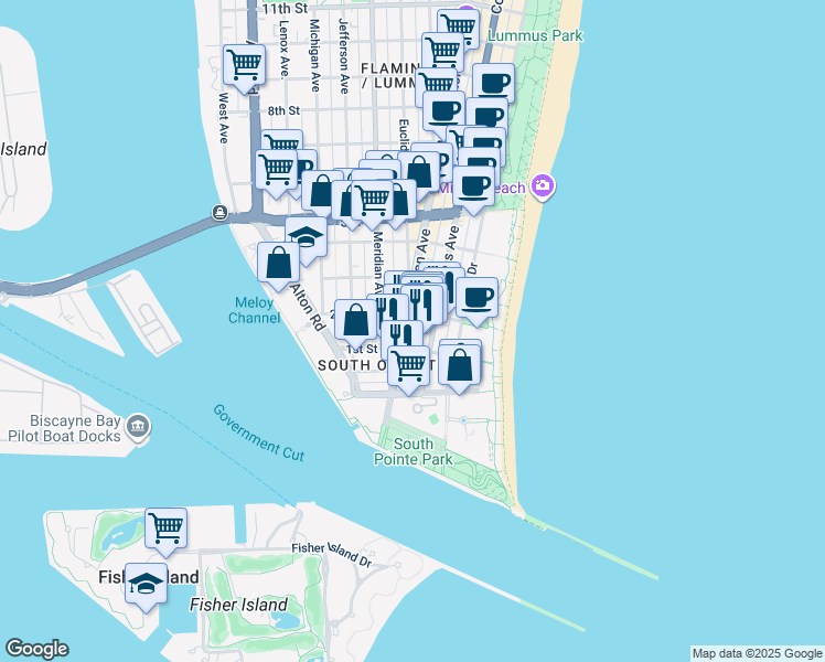 map of restaurants, bars, coffee shops, grocery stores, and more near 100 Collins Avenue in Miami Beach