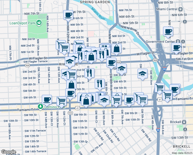 map of restaurants, bars, coffee shops, grocery stores, and more near 332 Southwest 9th Avenue in Miami