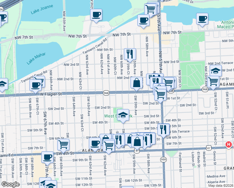 map of restaurants, bars, coffee shops, grocery stores, and more near 54 Southwest 60th Avenue in Miami
