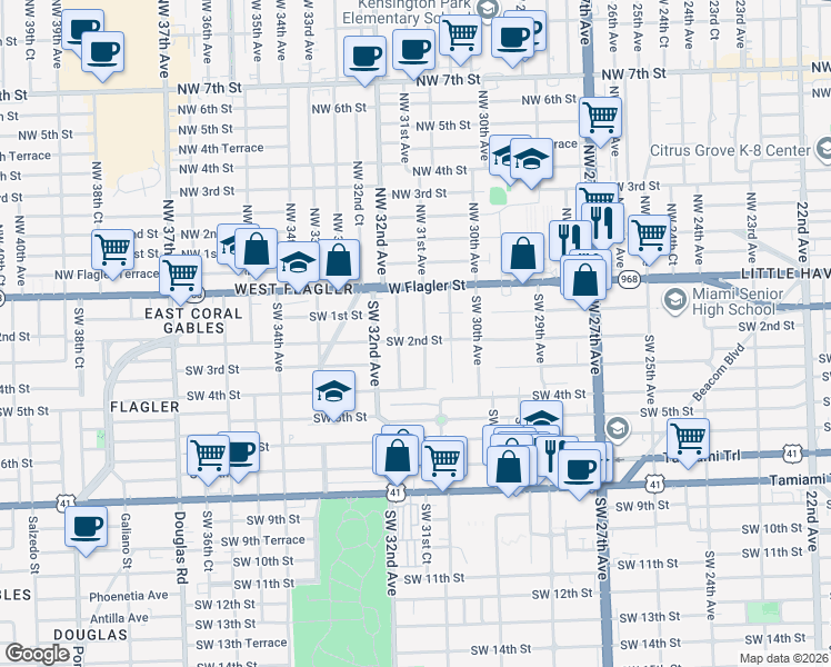 map of restaurants, bars, coffee shops, grocery stores, and more near 209 Southwest 31st Avenue in Miami