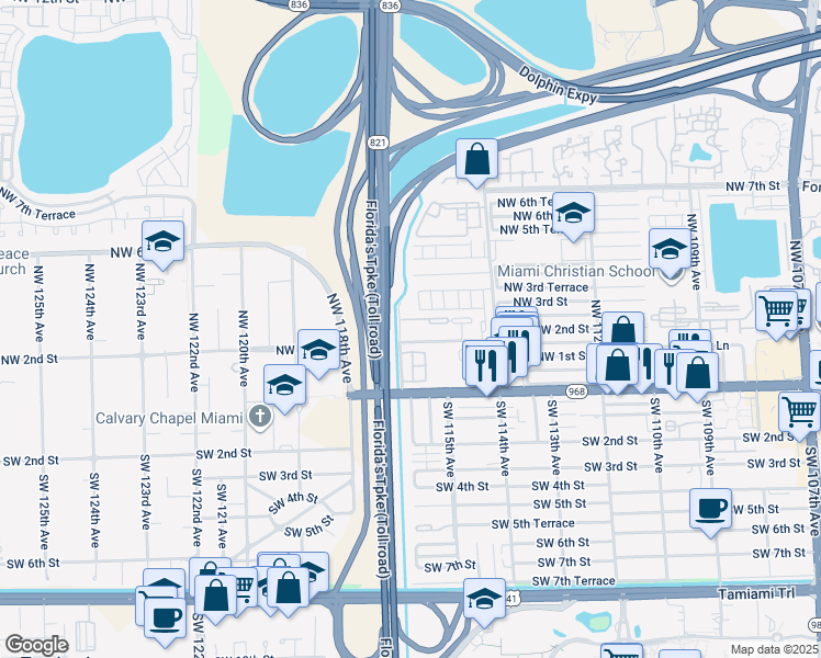 map of restaurants, bars, coffee shops, grocery stores, and more near 11697 Northwest 2nd Street in Miami