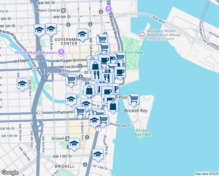 map of restaurants, bars, coffee shops, grocery stores, and more near in Miami
