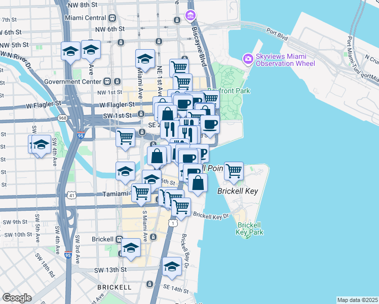 map of restaurants, bars, coffee shops, grocery stores, and more near 444 Brickell Avenue in Miami