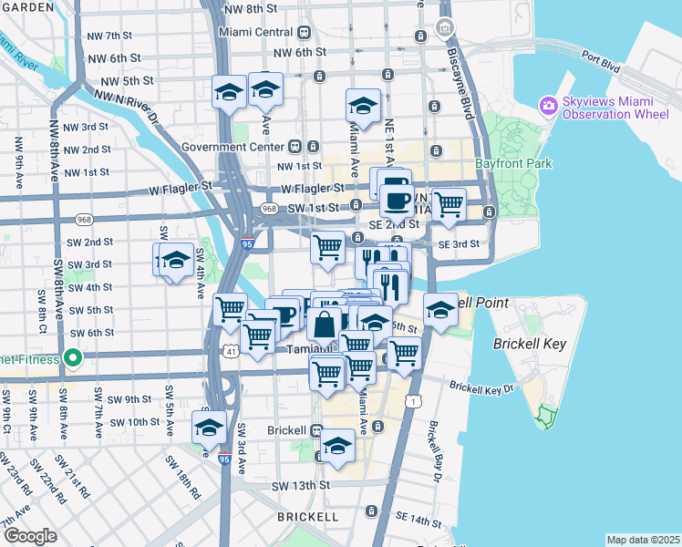 map of restaurants, bars, coffee shops, grocery stores, and more near 24 Southwest 4th Street in Miami