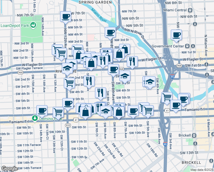 map of restaurants, bars, coffee shops, grocery stores, and more near 821 Southwest 4th Street in Miami