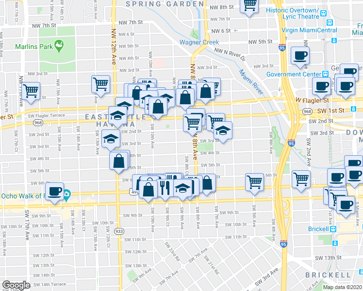 map of restaurants, bars, coffee shops, grocery stores, and more near 332 Southwest 9th Avenue in Miami