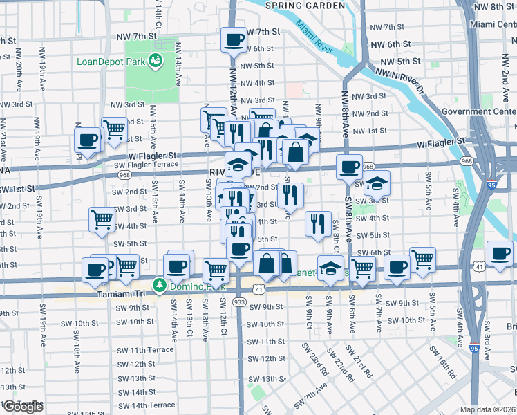 map of restaurants, bars, coffee shops, grocery stores, and more near 1055 Southwest 4th Street in Miami