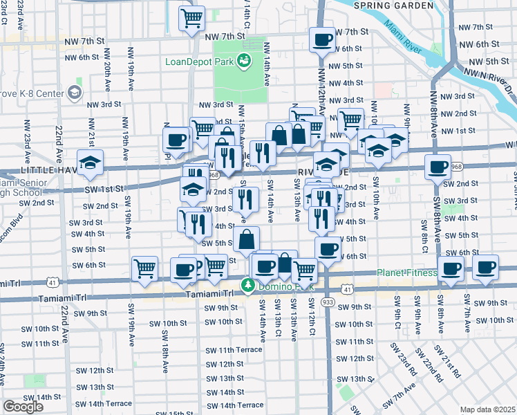 map of restaurants, bars, coffee shops, grocery stores, and more near 1428 Southwest 3rd Street in Miami