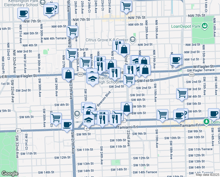 map of restaurants, bars, coffee shops, grocery stores, and more near in Miami