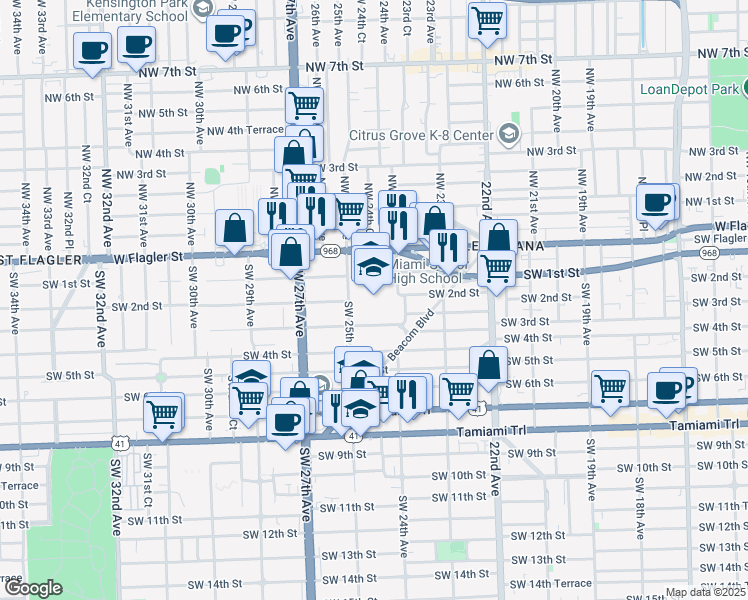 map of restaurants, bars, coffee shops, grocery stores, and more near 8 Southwest 25th Avenue in Miami