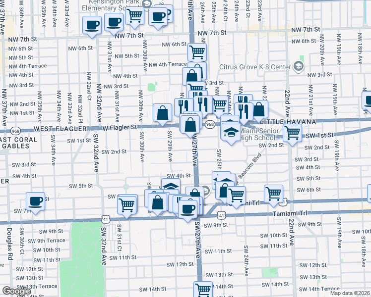 map of restaurants, bars, coffee shops, grocery stores, and more near 2705 Southwest 3rd Street in Miami