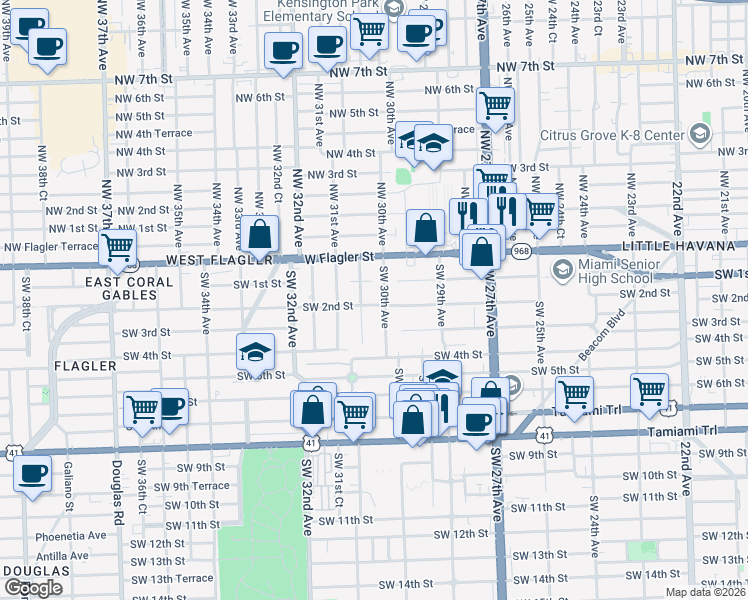 map of restaurants, bars, coffee shops, grocery stores, and more near 230 Southwest 30th Avenue in Miami