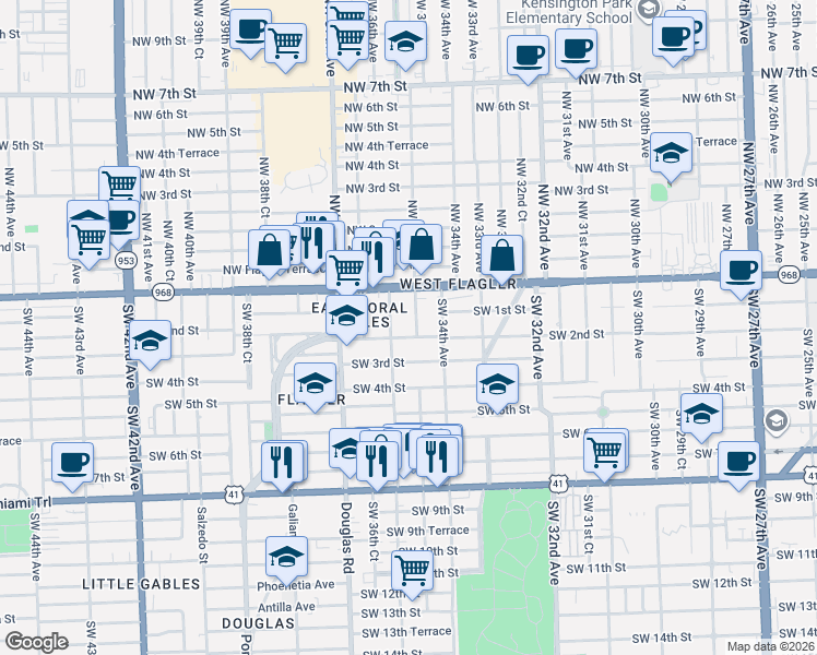 map of restaurants, bars, coffee shops, grocery stores, and more near 201 Southwest 36th Avenue in Miami