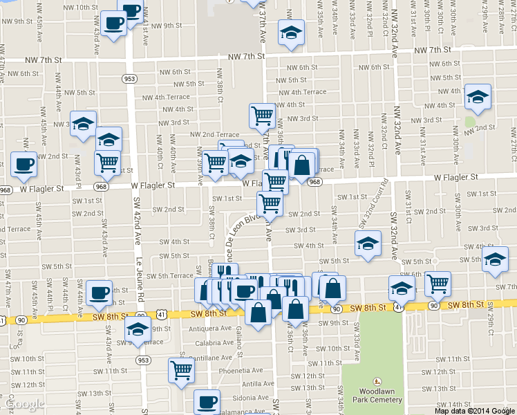 map of restaurants, bars, coffee shops, grocery stores, and more near 141 Ponce de Leon in Coral Gables