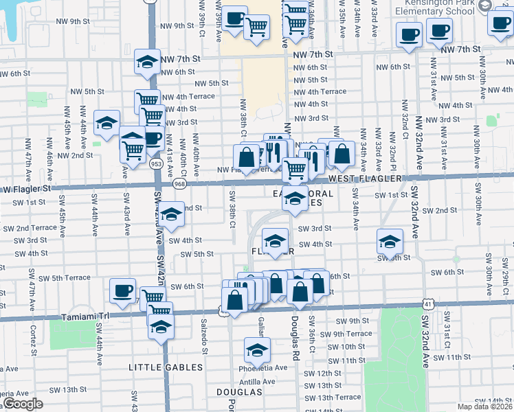 map of restaurants, bars, coffee shops, grocery stores, and more near 66 Campina Court in Coral Gables