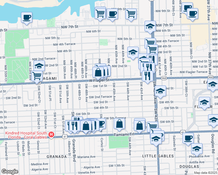 map of restaurants, bars, coffee shops, grocery stores, and more near 4619 Southwest 2nd Street in Miami