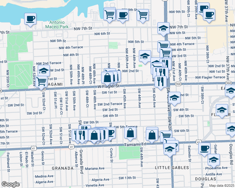 map of restaurants, bars, coffee shops, grocery stores, and more near 4619 Southwest 2nd Street in Miami