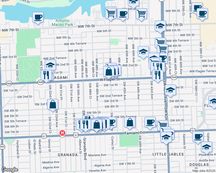 map of restaurants, bars, coffee shops, grocery stores, and more near 4730 Southwest 2nd Street in Coral Gables