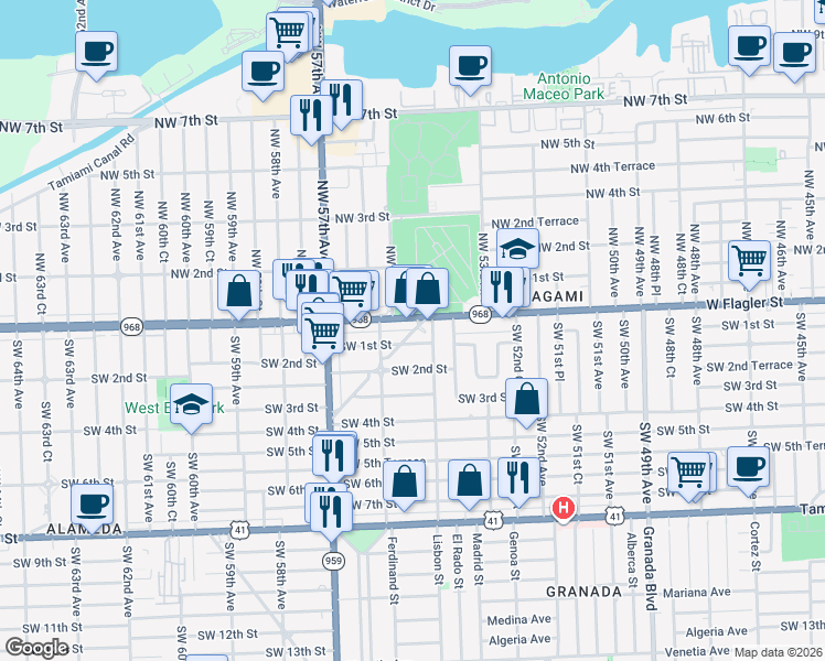 map of restaurants, bars, coffee shops, grocery stores, and more near 5516 Southwest 1st Street in Coral Gables