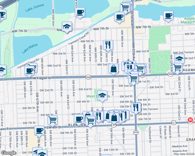 map of restaurants, bars, coffee shops, grocery stores, and more near 54 Southwest 60th Avenue in Miami