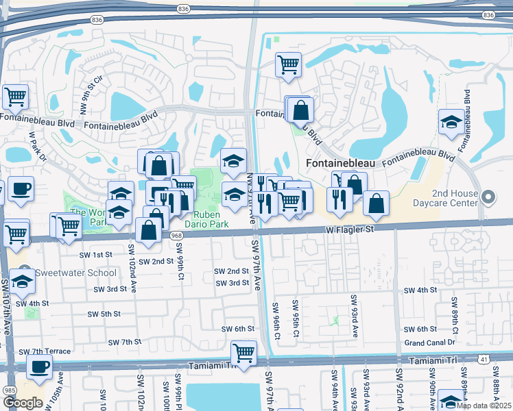 map of restaurants, bars, coffee shops, grocery stores, and more near 134-198 Northwest 97th Avenue in Miami