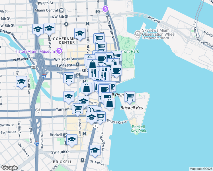 map of restaurants, bars, coffee shops, grocery stores, and more near in Miami