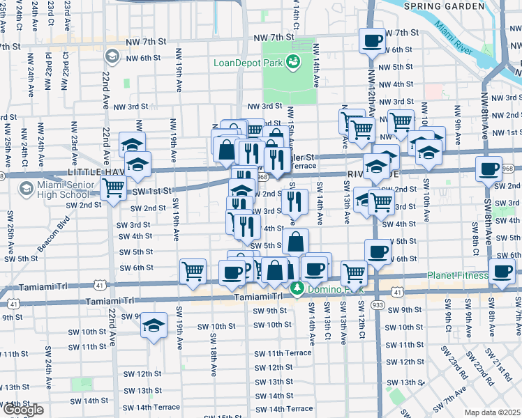 map of restaurants, bars, coffee shops, grocery stores, and more near 318 Southwest 16th Avenue in Miami