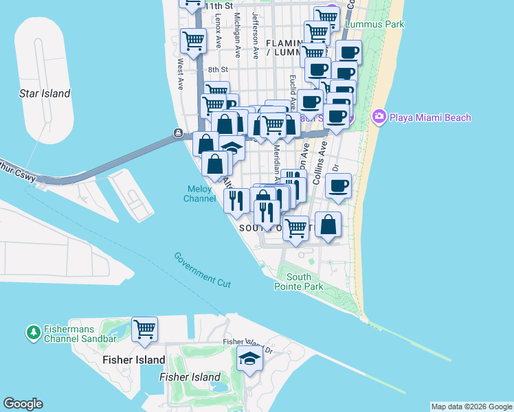 map of restaurants, bars, coffee shops, grocery stores, and more near 100 Jefferson Avenue in Miami Beach