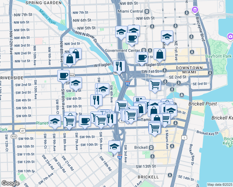 map of restaurants, bars, coffee shops, grocery stores, and more near 351 Southwest 4th Avenue in Miami