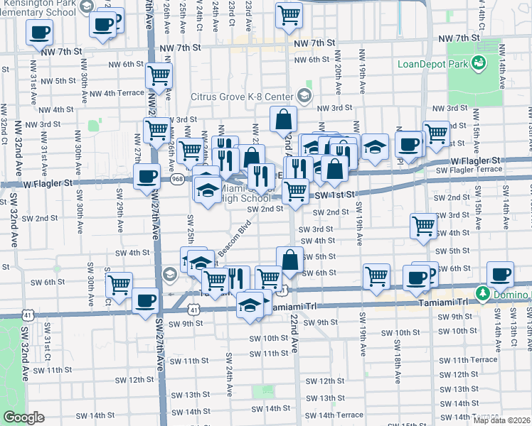 map of restaurants, bars, coffee shops, grocery stores, and more near 2252 Southwest 2nd Terrace in Miami