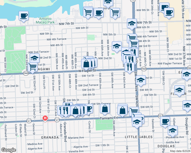 map of restaurants, bars, coffee shops, grocery stores, and more near 4619 Southwest 2nd Street in Miami