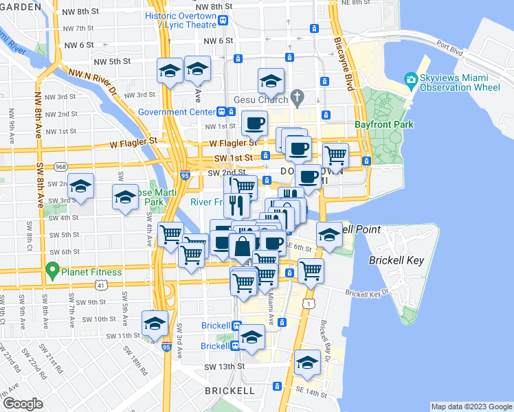map of restaurants, bars, coffee shops, grocery stores, and more near 24 Southwest 4th Street in Miami