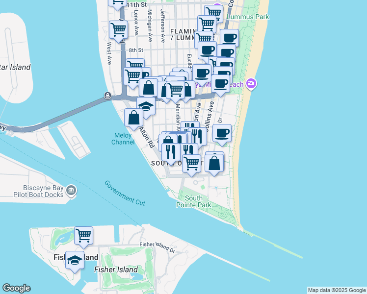 map of restaurants, bars, coffee shops, grocery stores, and more near 110 Washington Avenue in Miami Beach