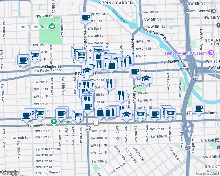 map of restaurants, bars, coffee shops, grocery stores, and more near 301 Southwest 10th Avenue in Miami