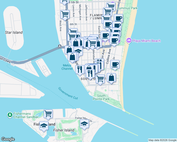 map of restaurants, bars, coffee shops, grocery stores, and more near 125 Jefferson Avenue in Miami Beach