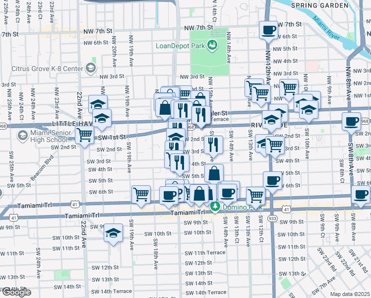 map of restaurants, bars, coffee shops, grocery stores, and more near 318 Southwest 16th Avenue in Miami