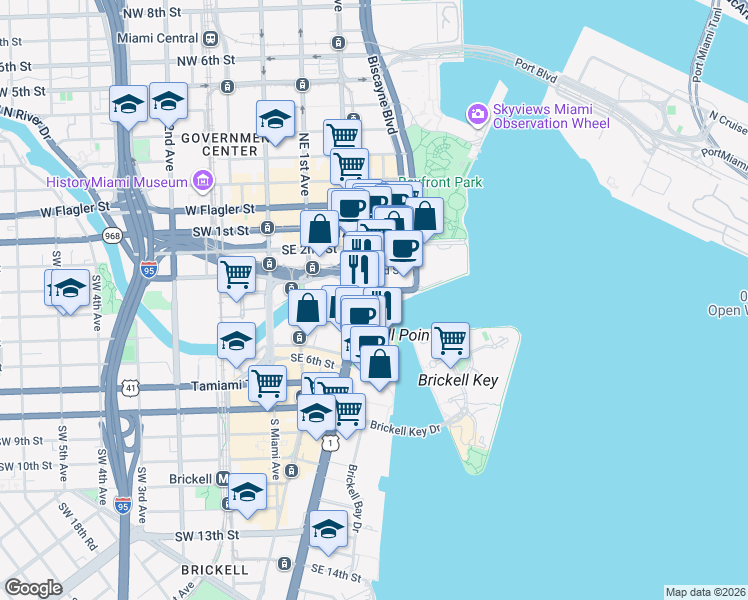 map of restaurants, bars, coffee shops, grocery stores, and more near 200 Biscayne Boulevard Way in Miami