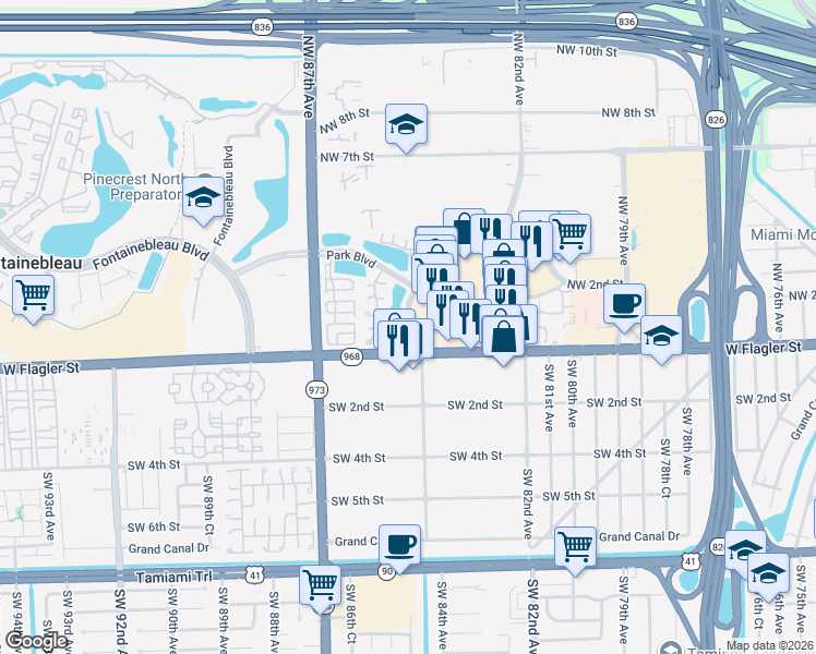 map of restaurants, bars, coffee shops, grocery stores, and more near 8406 Northwest 1st Terrace in Miami