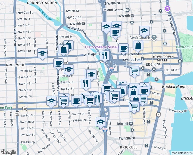 map of restaurants, bars, coffee shops, grocery stores, and more near 362 Southwest 4th Avenue in Miami