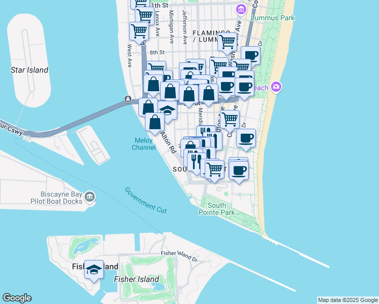map of restaurants, bars, coffee shops, grocery stores, and more near 10012 1st Street in Miami Beach