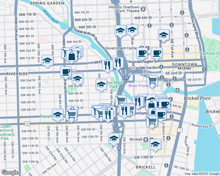 map of restaurants, bars, coffee shops, grocery stores, and more near 362 Southwest 4th Avenue in Miami