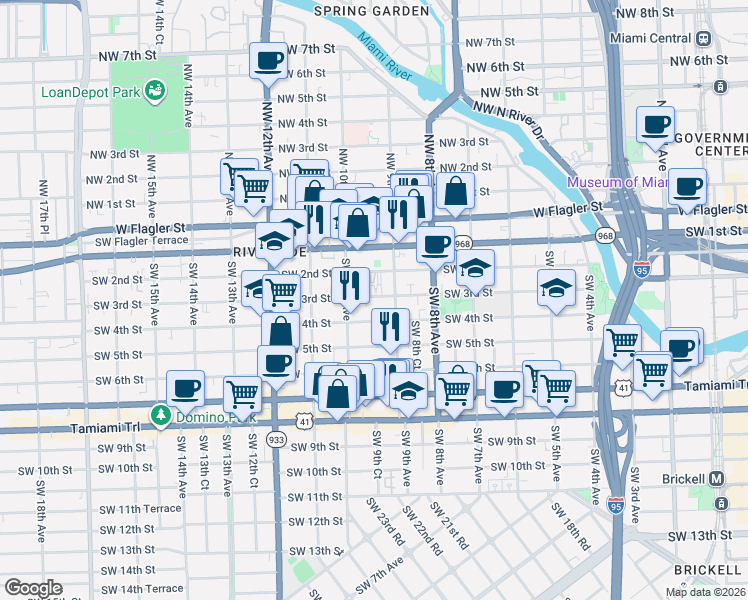 map of restaurants, bars, coffee shops, grocery stores, and more near 332 Southwest 9th Avenue in Miami