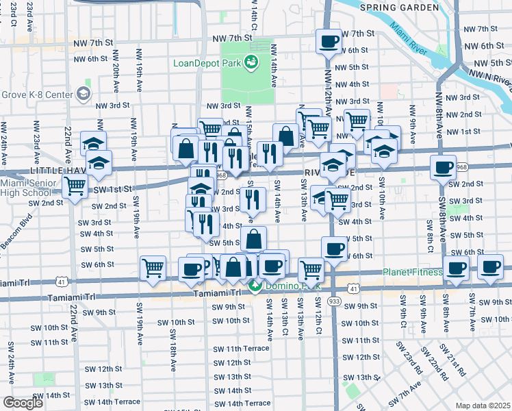 map of restaurants, bars, coffee shops, grocery stores, and more near in Miami