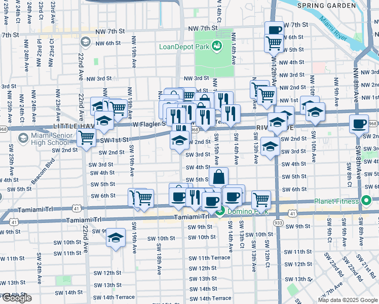 map of restaurants, bars, coffee shops, grocery stores, and more near 318 Southwest 16th Avenue in Miami