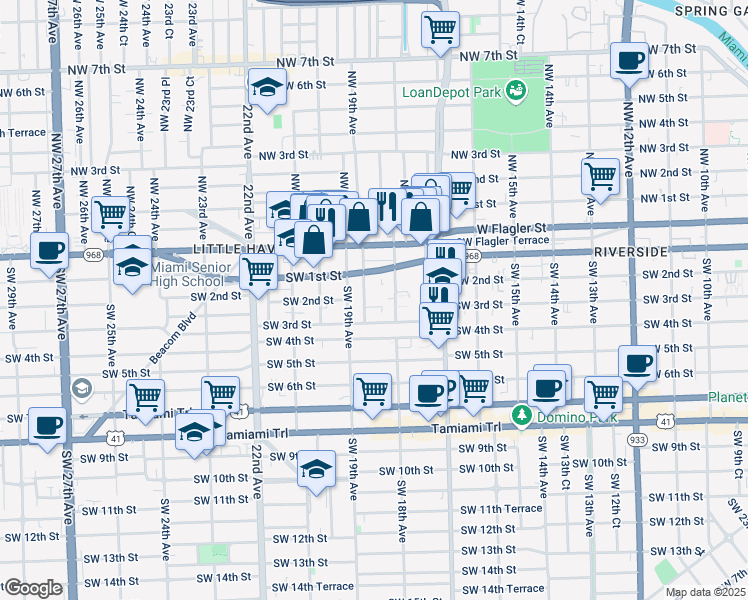 map of restaurants, bars, coffee shops, grocery stores, and more near 1853 Southwest 3rd Street in Miami