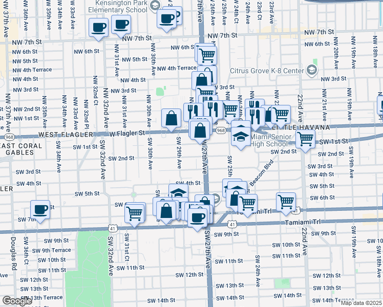 map of restaurants, bars, coffee shops, grocery stores, and more near 2705 Southwest 3rd Street in Miami