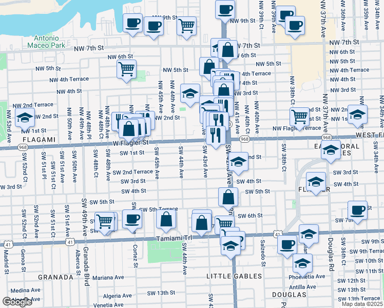 map of restaurants, bars, coffee shops, grocery stores, and more near 4340 Southwest 2nd Street in Coral Gables