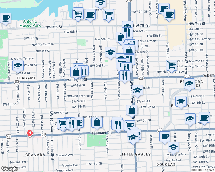 map of restaurants, bars, coffee shops, grocery stores, and more near 4411 Southwest 2nd Street in Coral Gables